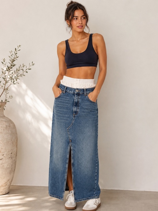 Dresses & Skirts - NWT🔖Zara Denim Maxi Skirt White Boxer Waistband Front Slit XS